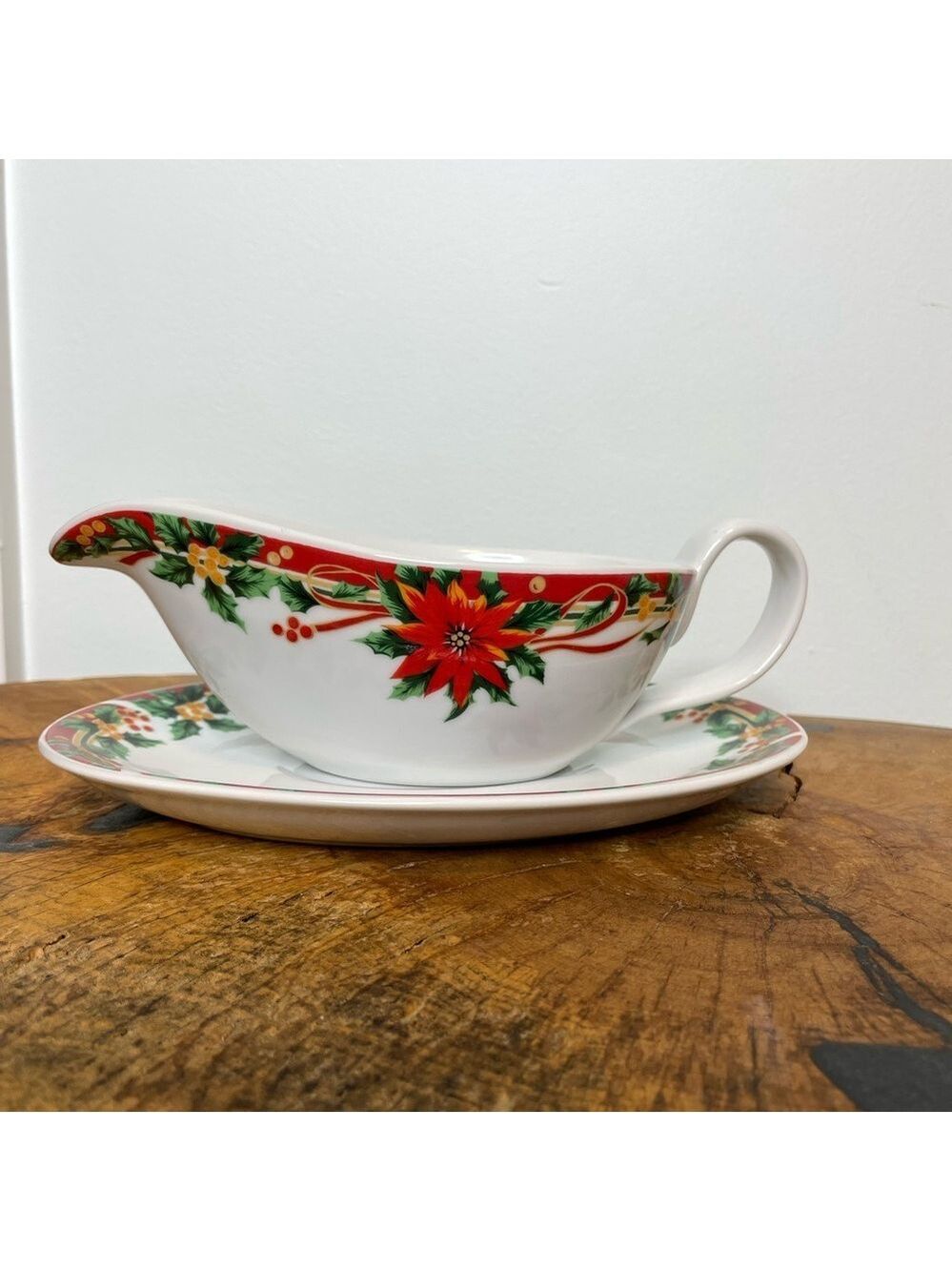 Vintage Christmas Poinsettia Sunflower Print Gravy Boat with Underplate